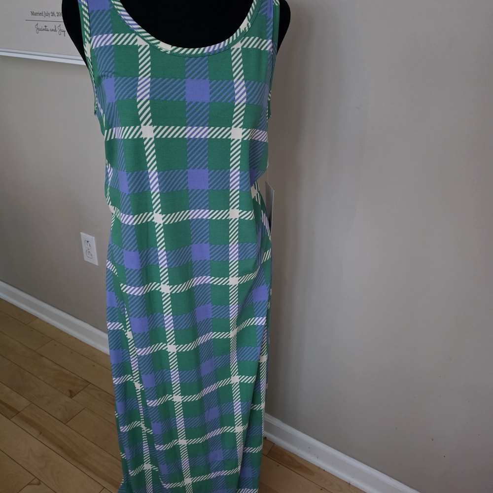 LuLaRoe Green, Purple & Cream Plaid Sleeveless Maxi Dress